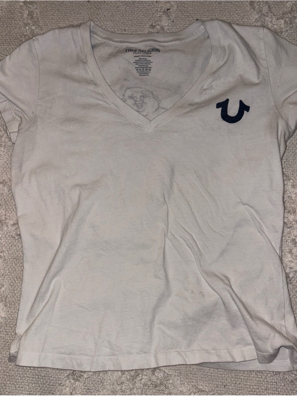 True Religion White V-Neck Short Sleeve Tee with Navy Horseshoe Logo